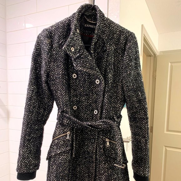 Express Long Black & White Tweed Coat - Picture 1 of 2